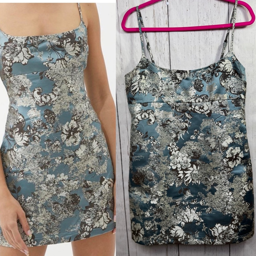 Urban Outfitters Blue Silver Floral Jacquard Mini Slip Dress Y2K Coquette Fairy